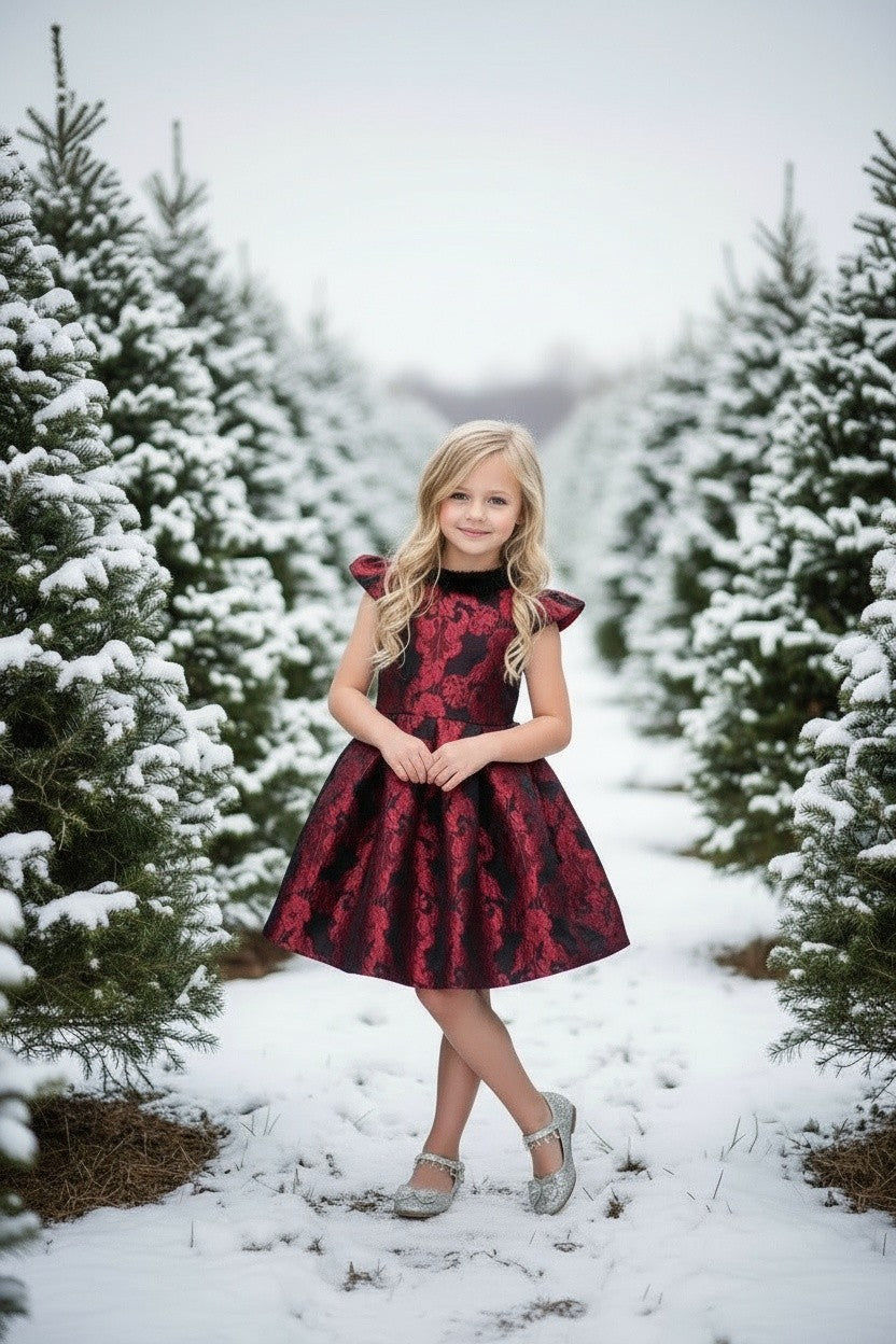 EVANGELINE DRESS CRIMSON JACQUARD