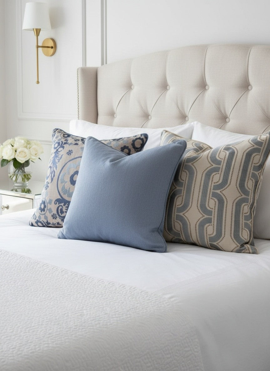 VERSAILLES EMBROIDERED PILLOW BLUE/IVORY GEOMETRIC