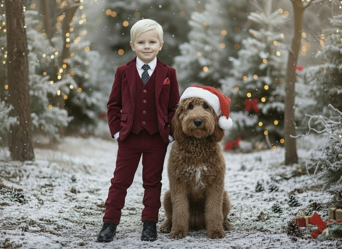 BOYS BARCLAY SUIT BURGUNDY VELVET 3PC SET