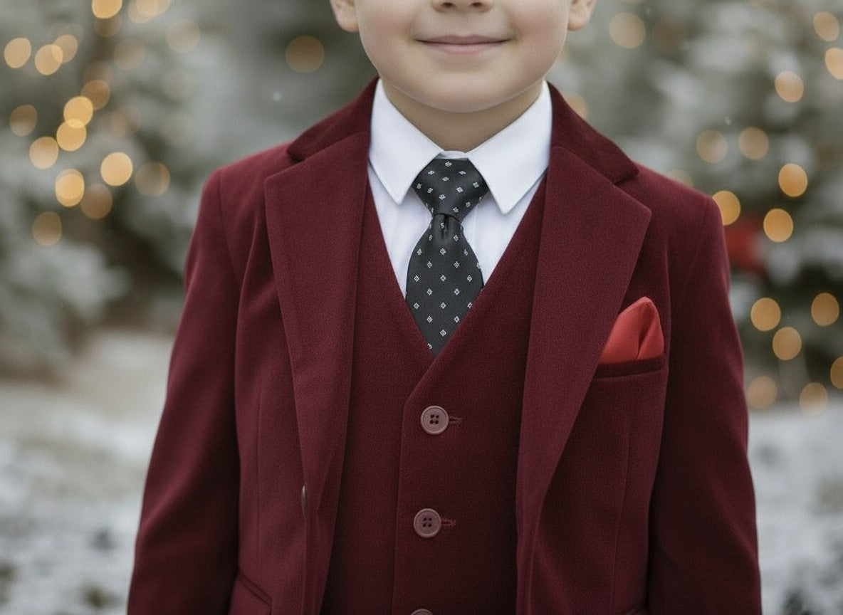 BOYS BARCLAY SUIT BURGUNDY VELVET 3PC SET