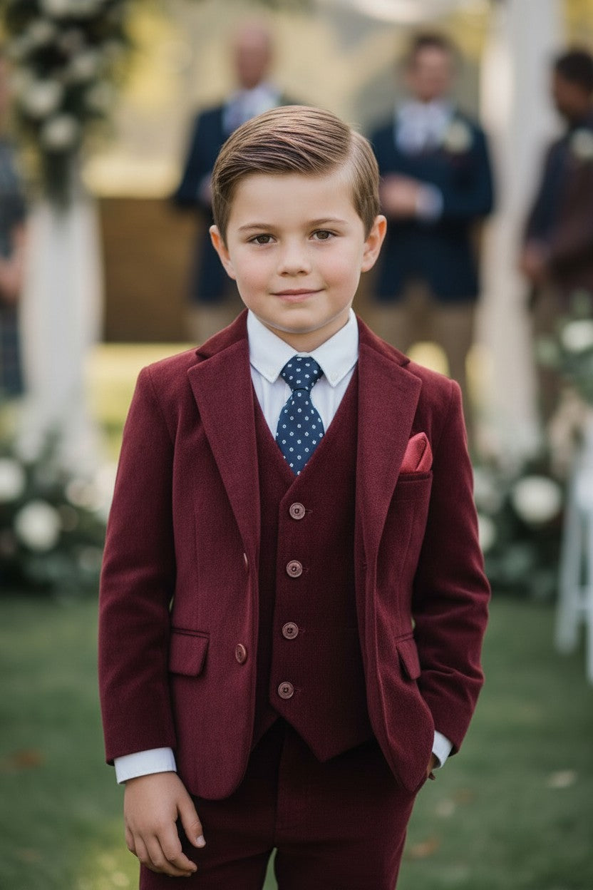 BOYS BARCLAY SUIT BURGUNDY VELVET 3PC SET