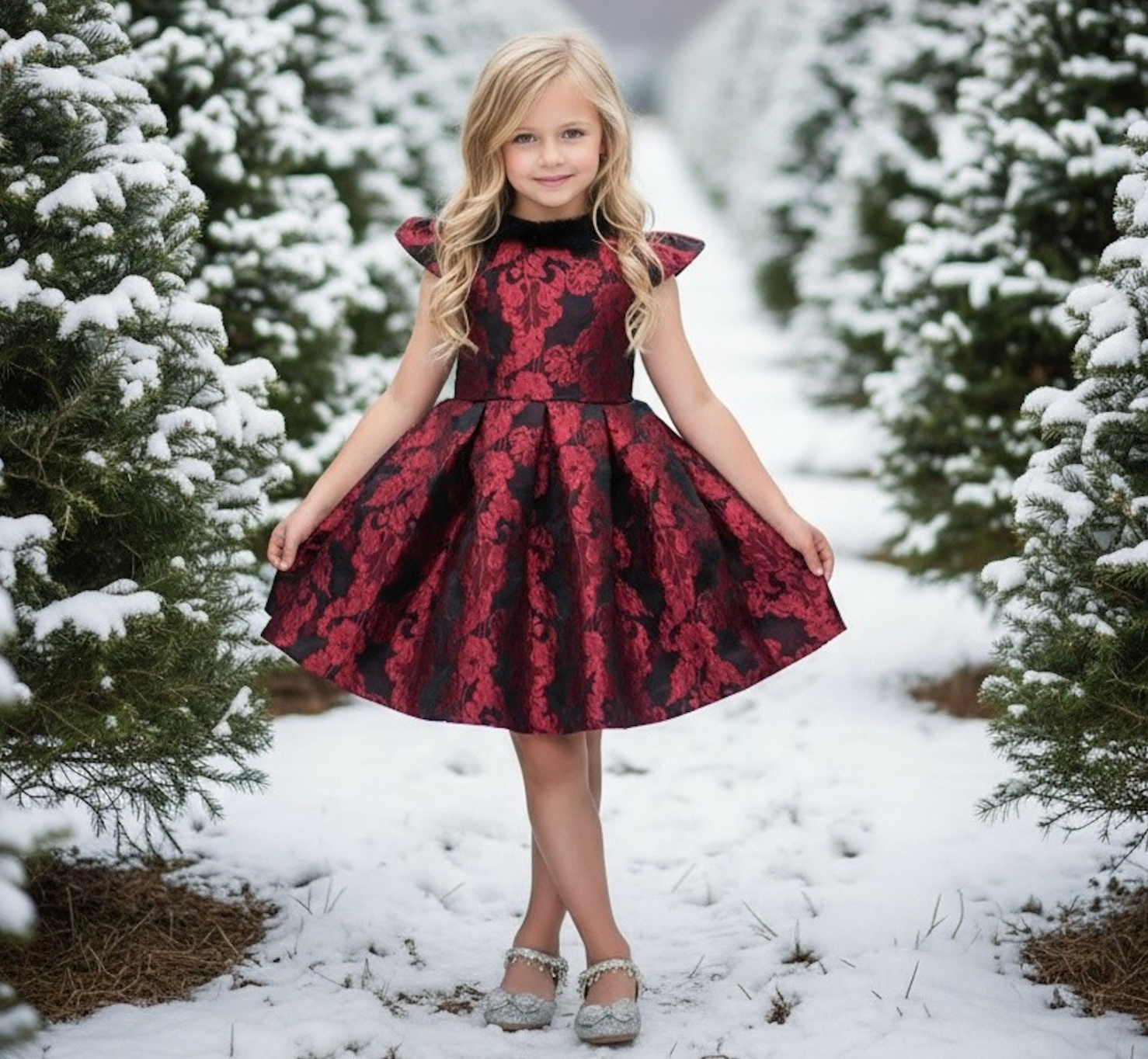 EVANGELINE DRESS CRIMSON JACQUARD