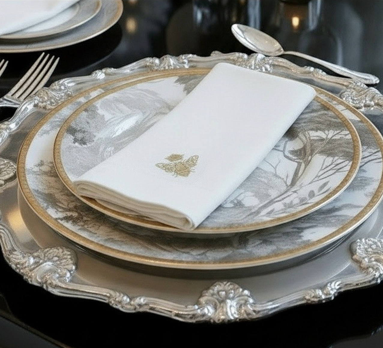 ITALIAN LINEN BEE EMBROIDERED NAPKIN SET OF 4