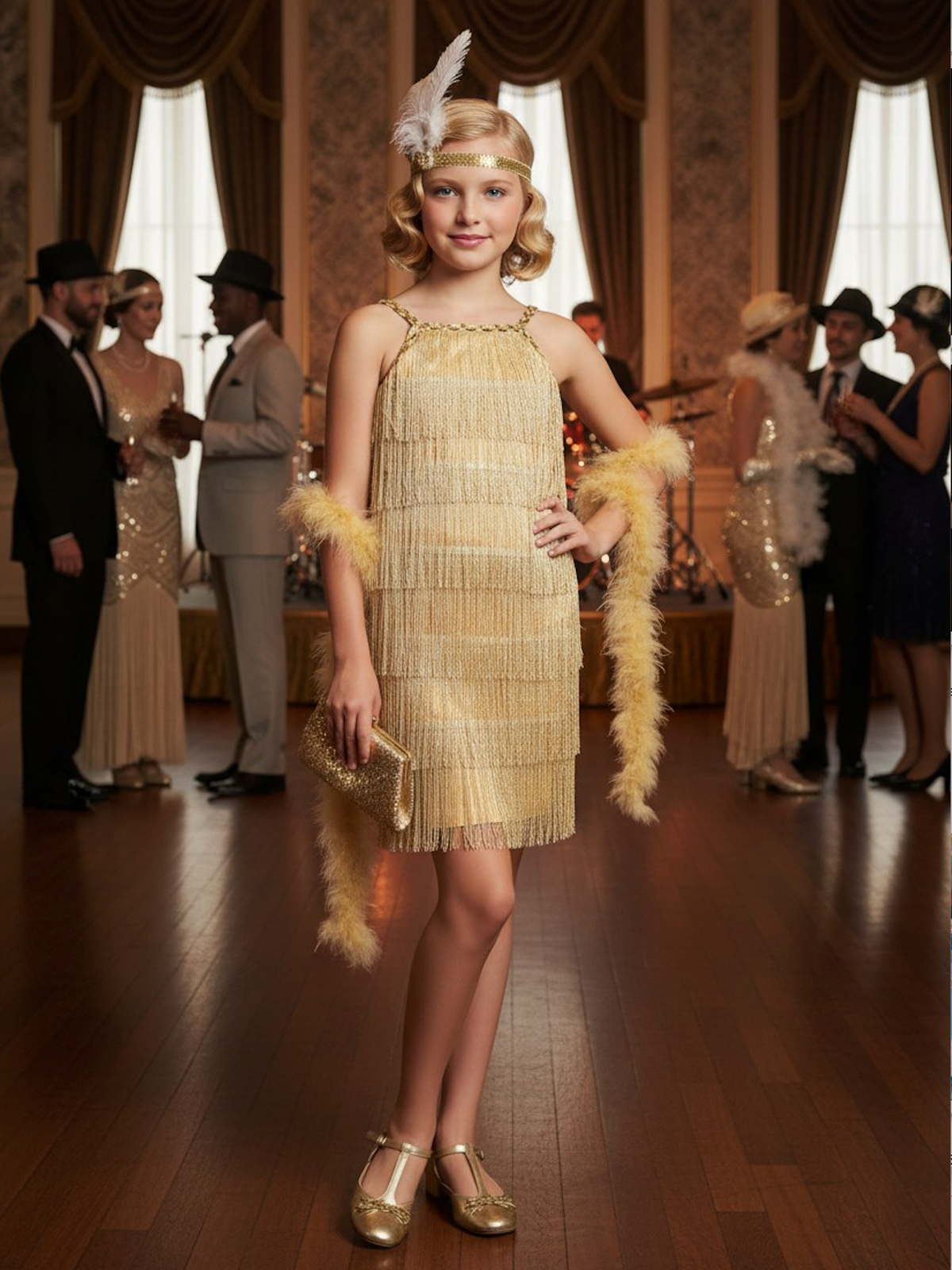 gold great gatsby dress Girl 14 AL:3026tues Contains:12 Pieces Black fringes around the Olive Aura Tiered Maxi