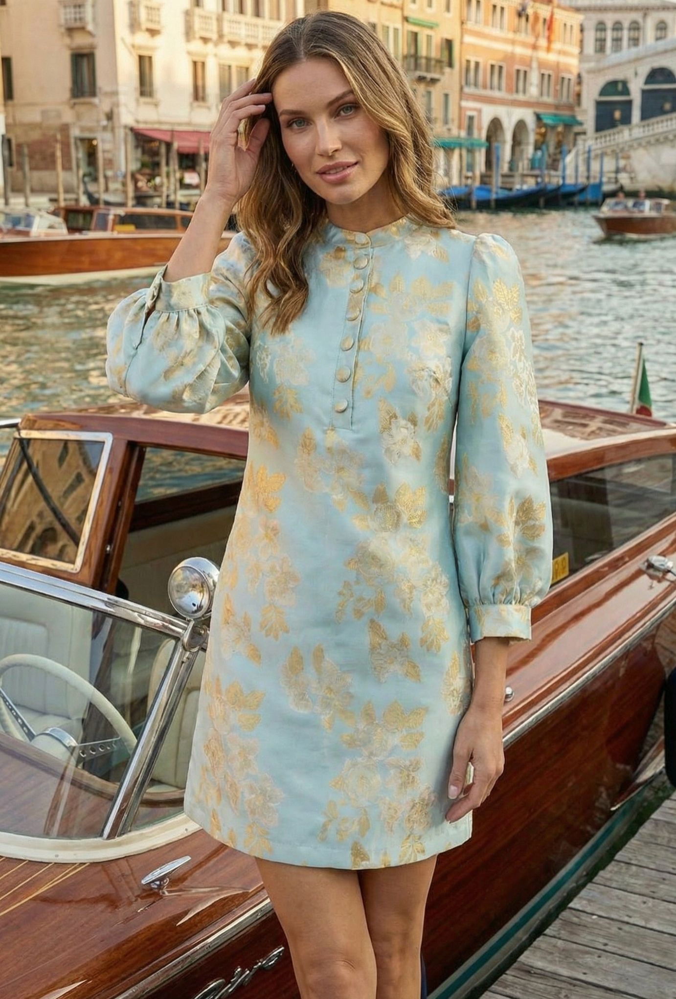 OLIVIE DRESS BLUE BROCADE