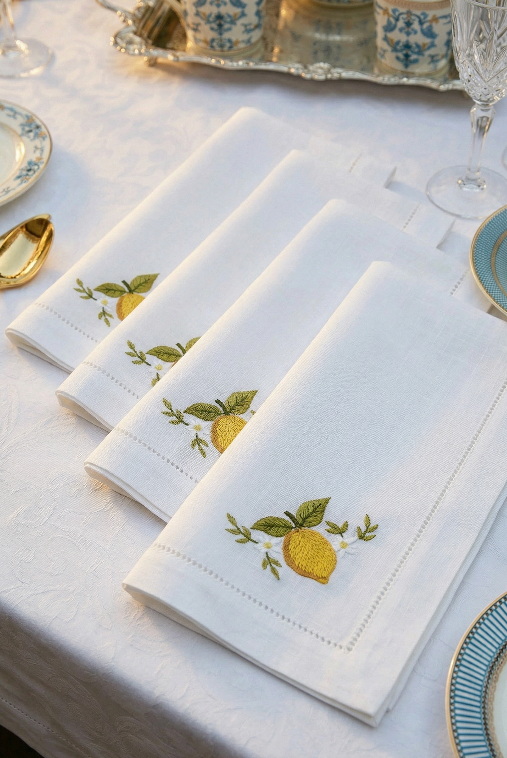 HAND EMBROIDERED LEMON NAPKIN SET OF 4