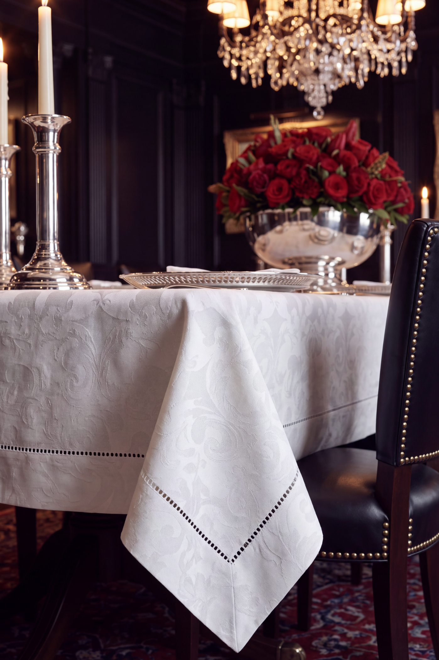 MILANO WHITE JACQUARD TABLECLOTH 128"X56" RECTANGLE