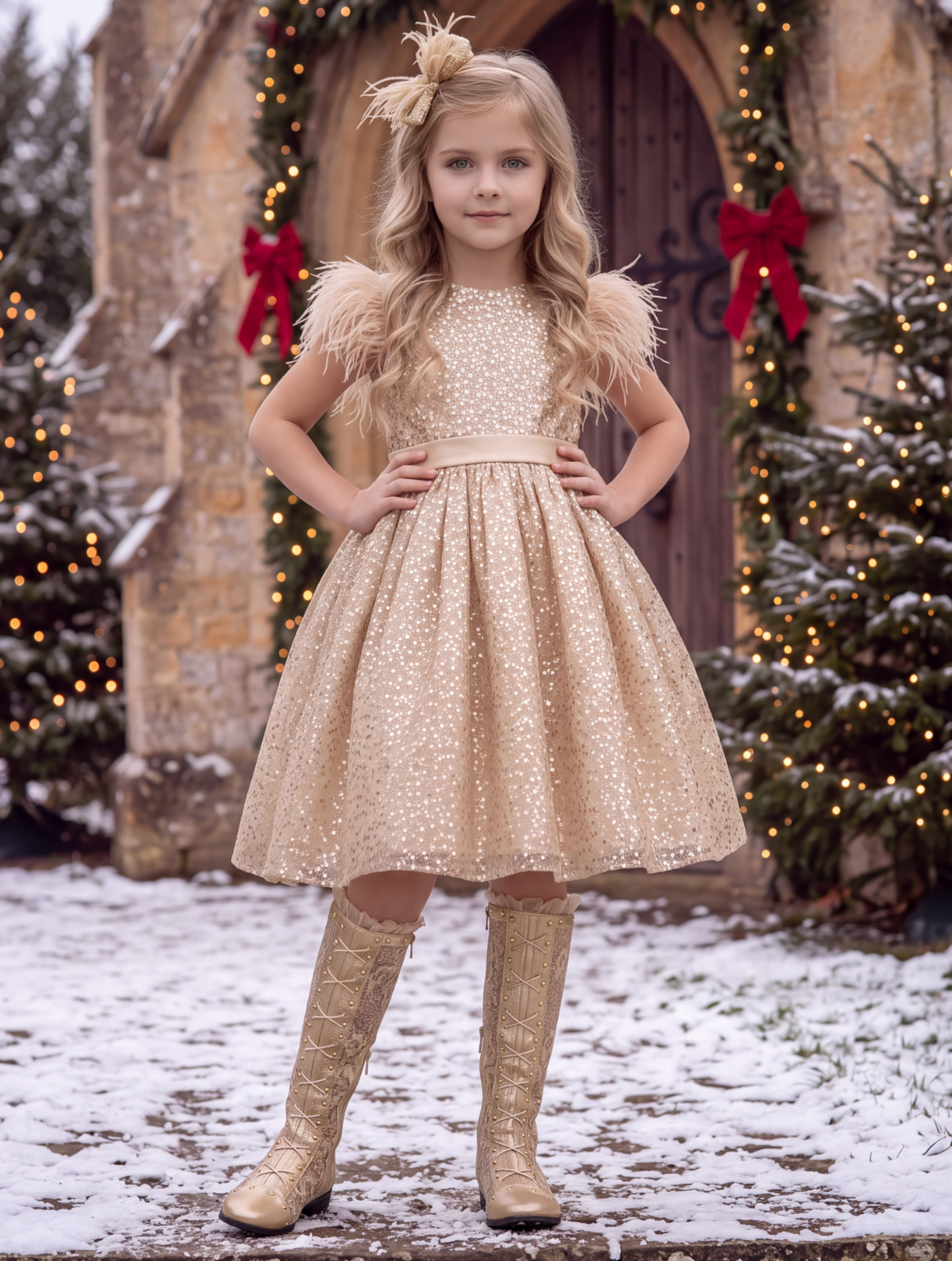 ELIANA DRESS & HAIR BOW SET GOLD