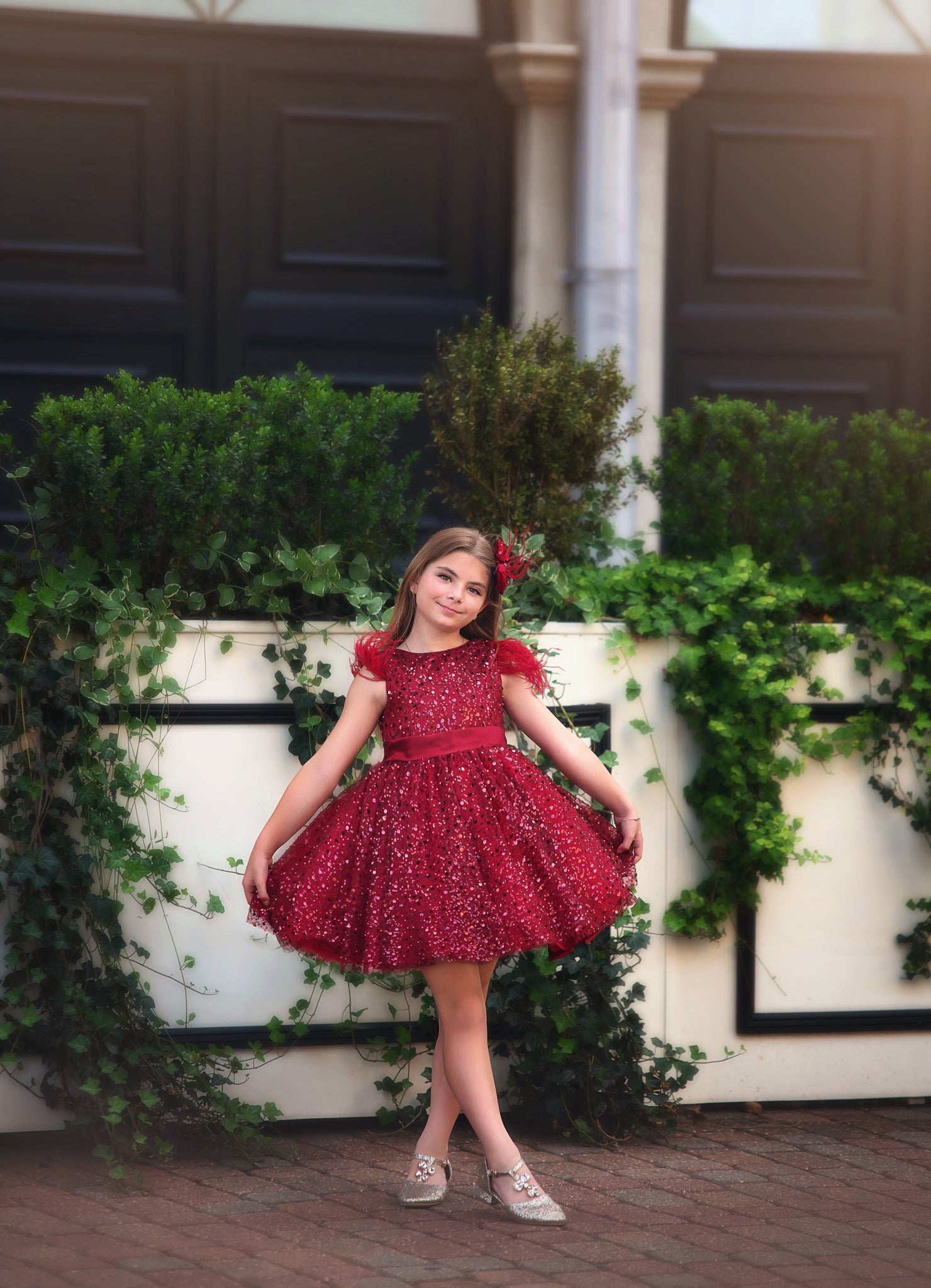 ELIANA DRESS & HAIR BOW SET CRIMSON