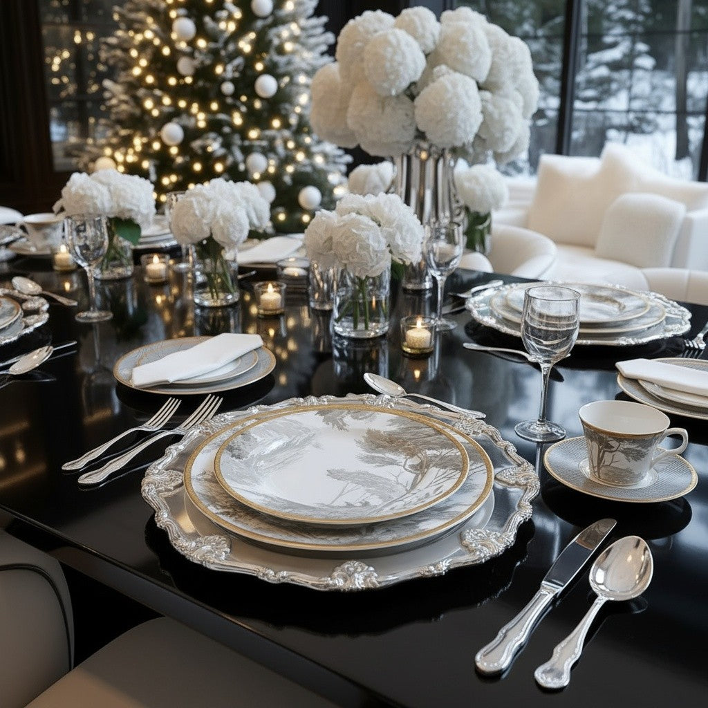 GRISAILLE & GLEN PLAID 5PC. BONE CHINA SET