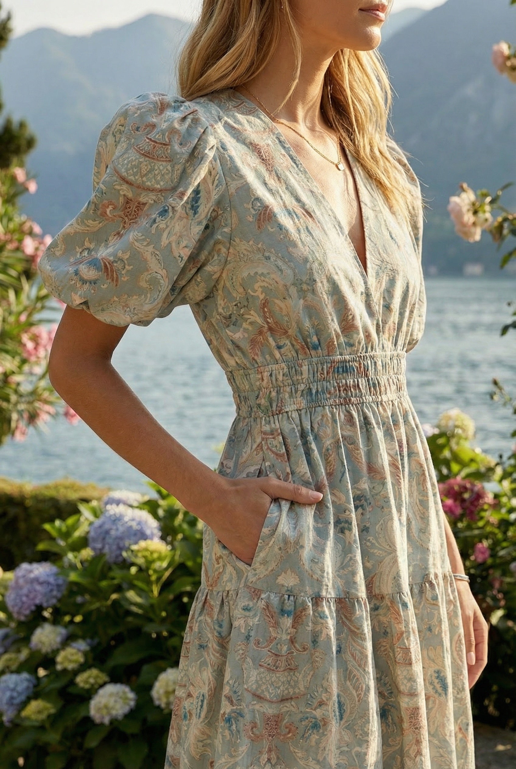 MAGGIE DRESS BLUE DAMASK