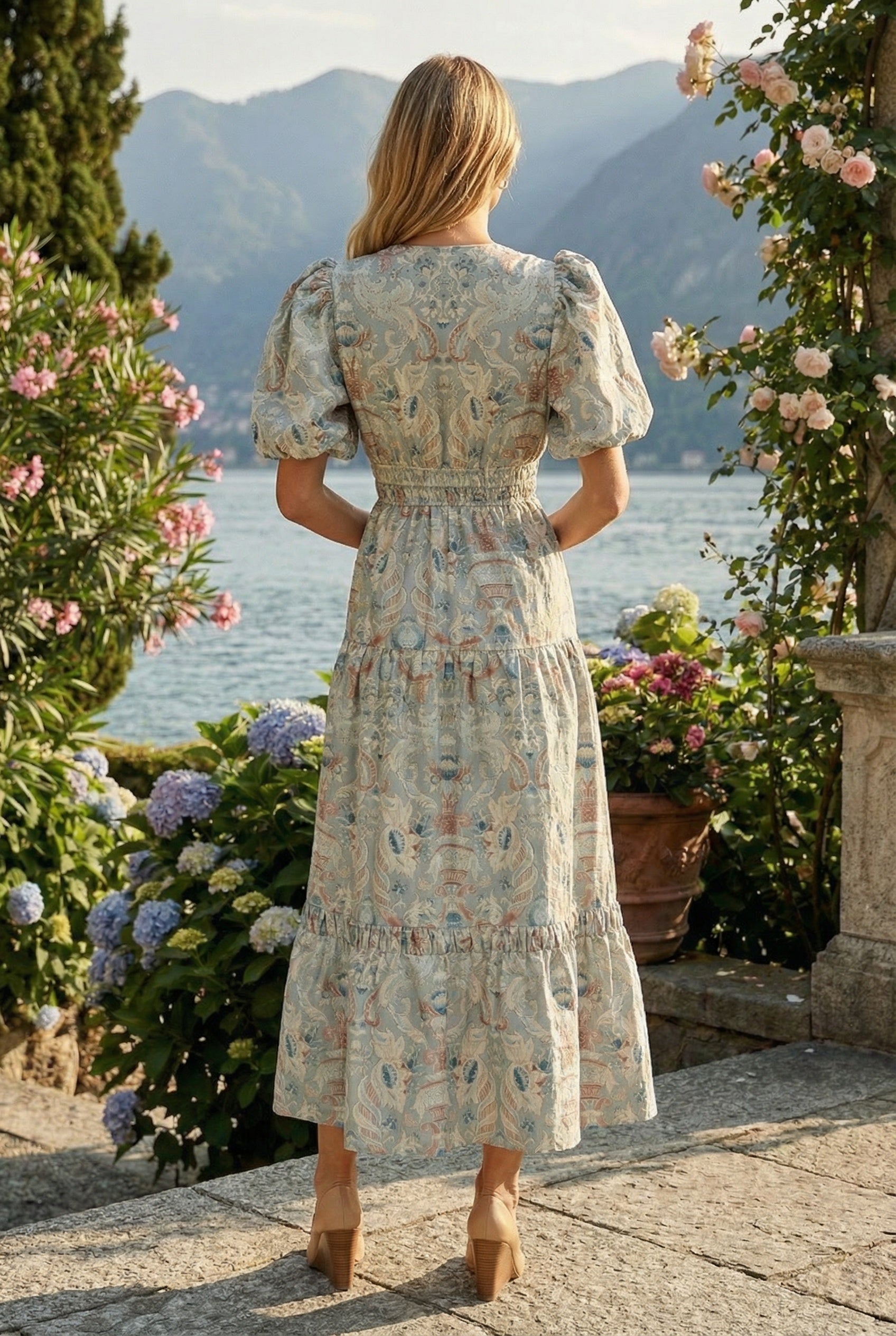 MAGGIE DRESS BLUE DAMASK