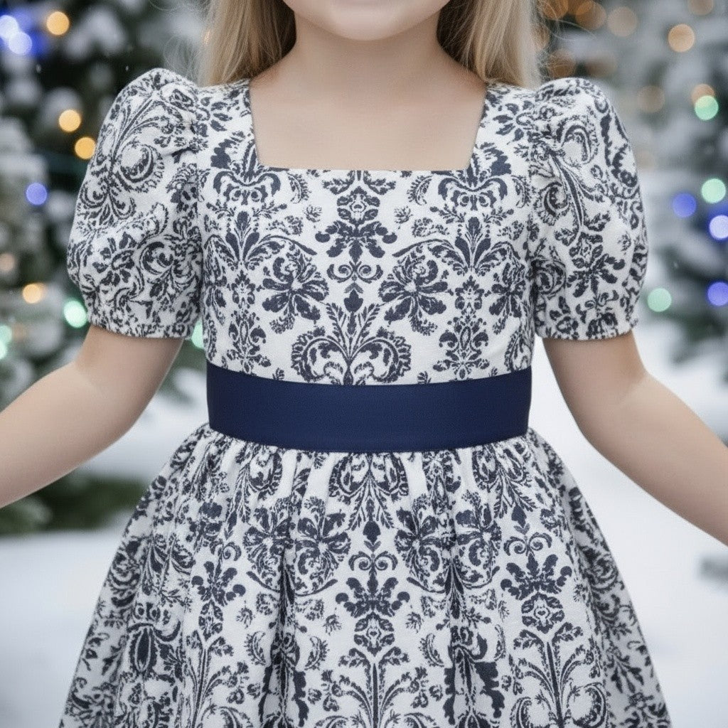 ARIELLE DRESS NAVY DAMASK