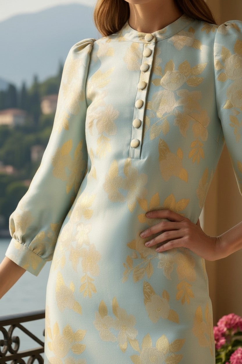 OLIVIE DRESS BLUE BROCADE