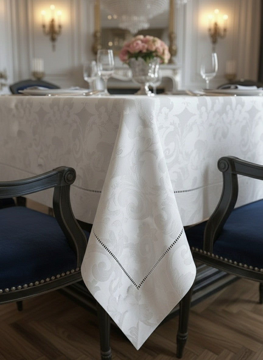 MILANO WHITE JACQUARD TABLE CLOTH 104" X 56" RECTANGLE