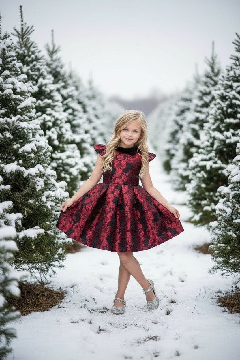 EVANGELINE DRESS CRIMSON JACQUARD