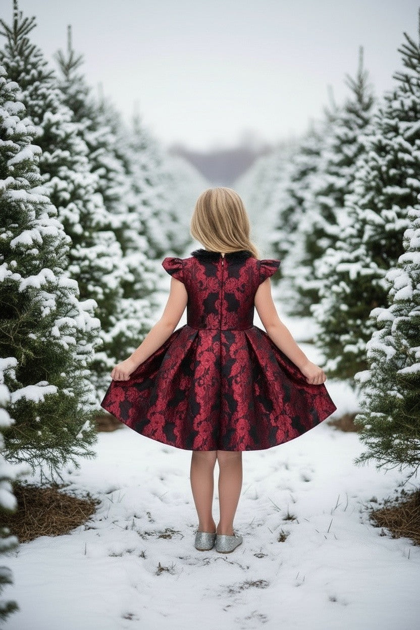 EVANGELINE DRESS CRIMSON JACQUARD