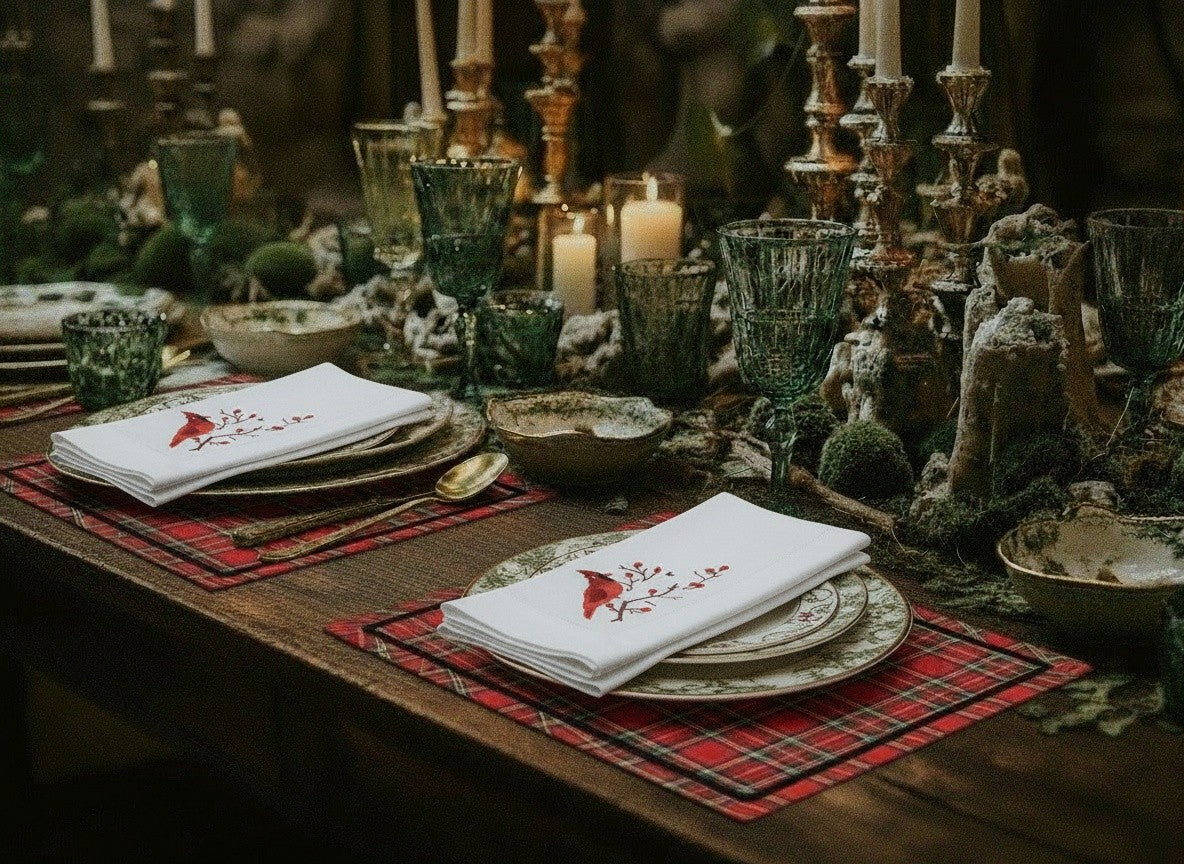 CARDINAL EMBROIDERED LINEN NAPKIN, SET OF 4
