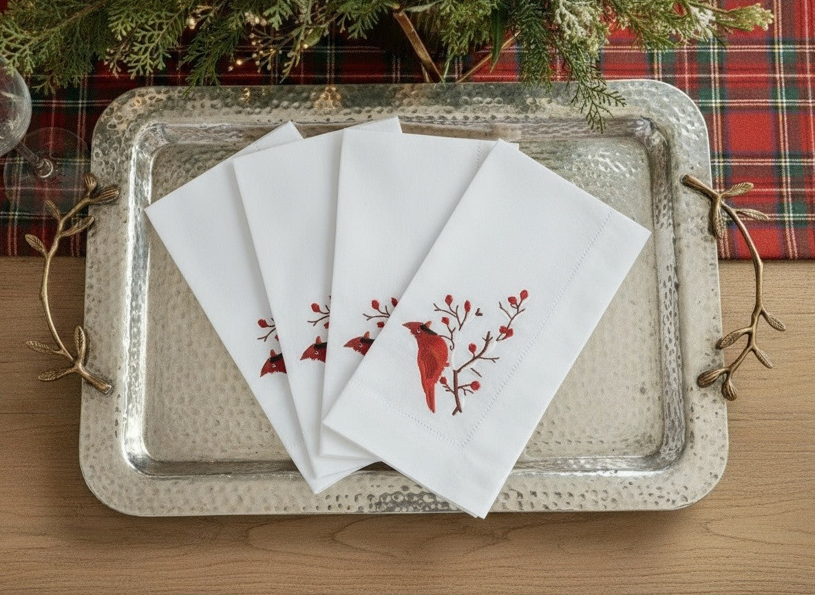 CARDINAL EMBROIDERED LINEN NAPKIN, SET OF 4
