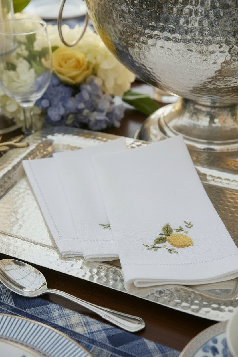 HAND EMBROIDERED LEMON NAPKIN SET OF 4