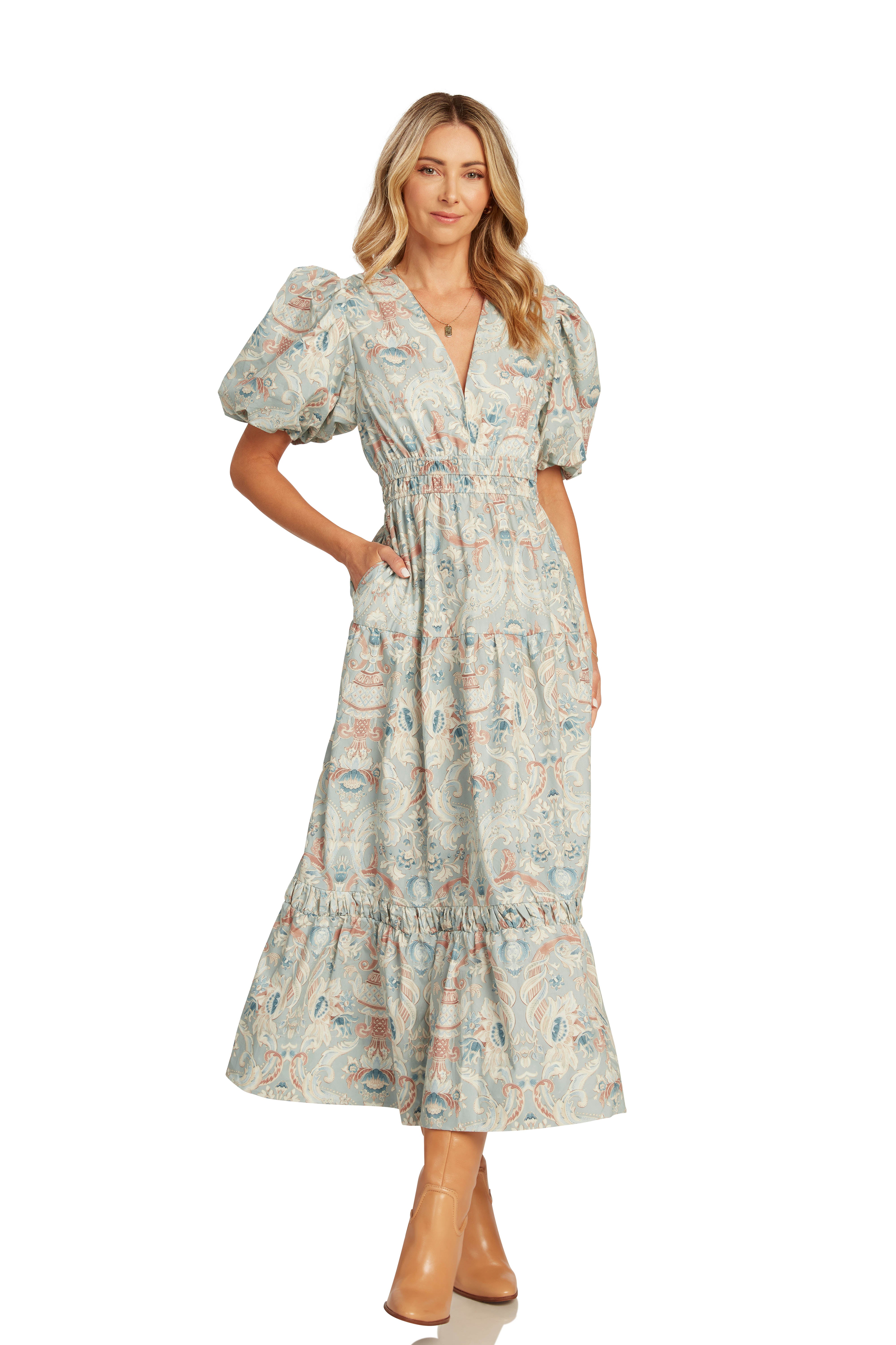 $99.99 DRESS EVENT MAGGIE DRESS BLUE DAMASK