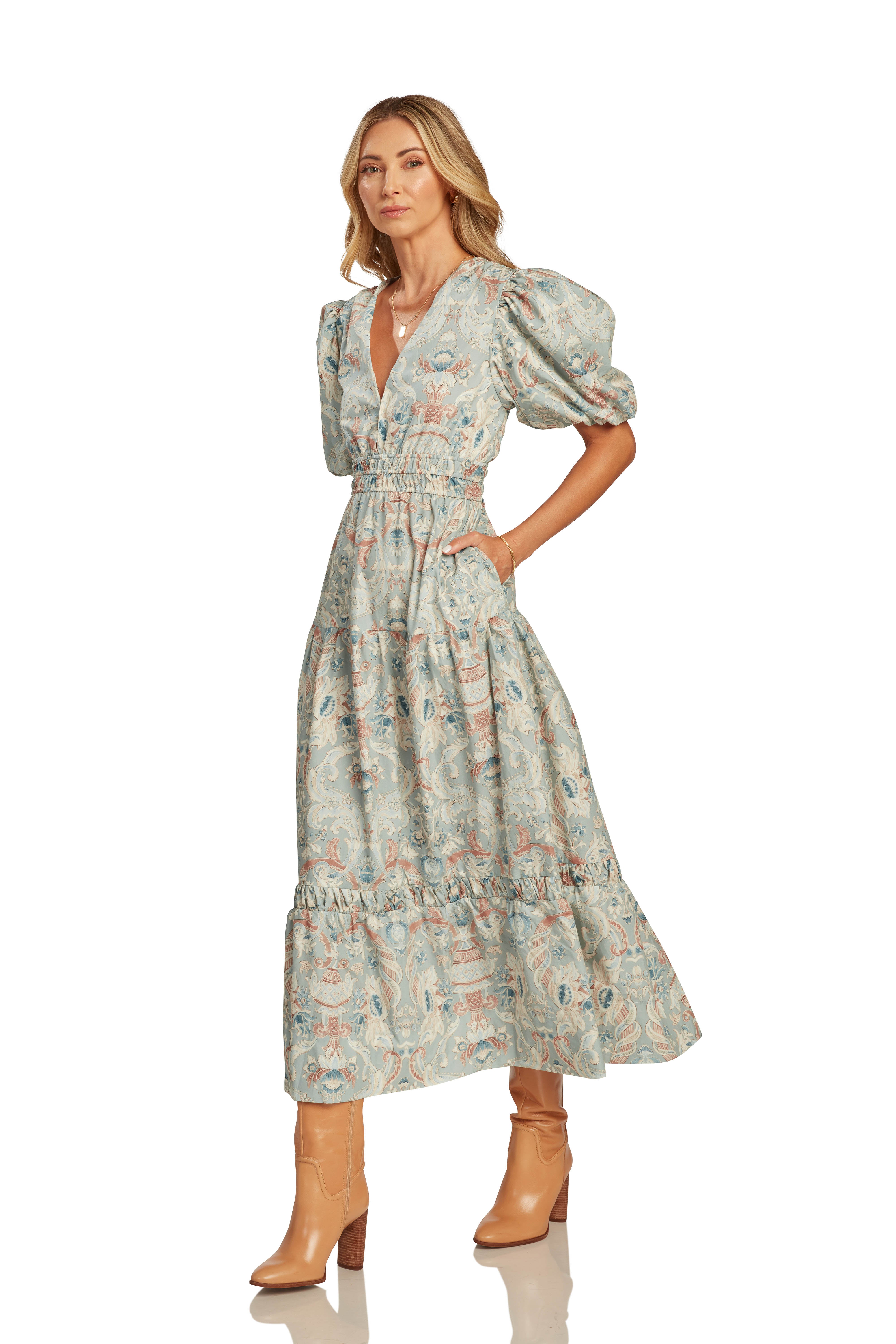 MAGGIE DRESS BLUE DAMASK