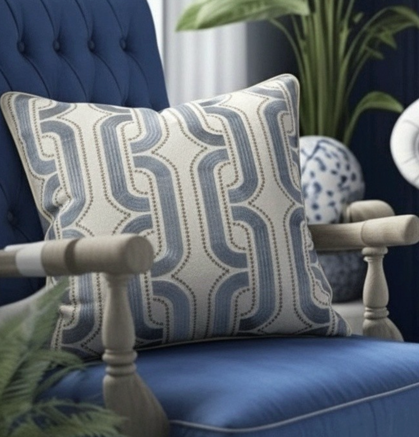 VERSAILLES EMBROIDERED PILLOW BLUE/IVORY GEOMETRIC