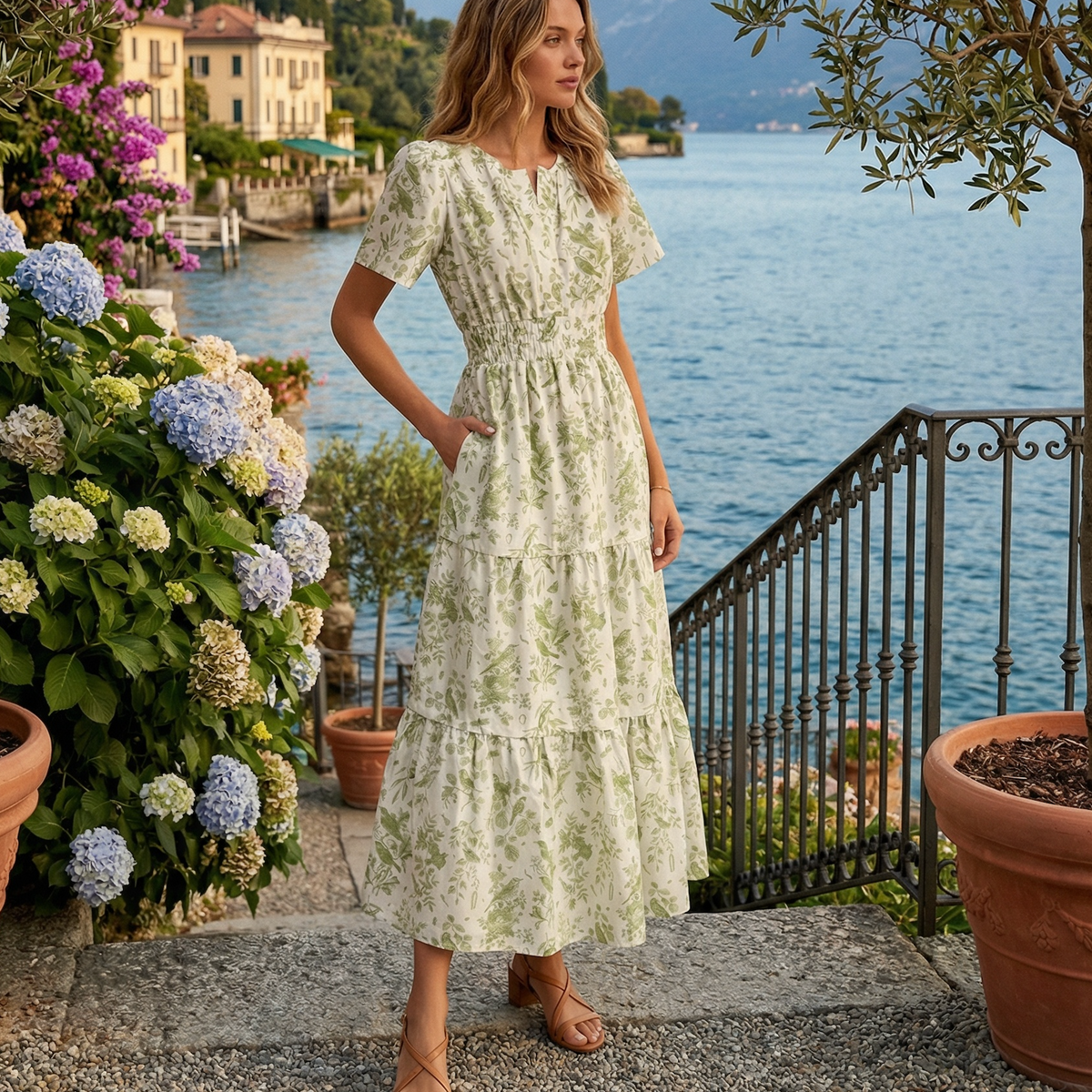 slim fit dress slacks Green Floral Short Sleeve Midi Dress - All Dresses main image 0