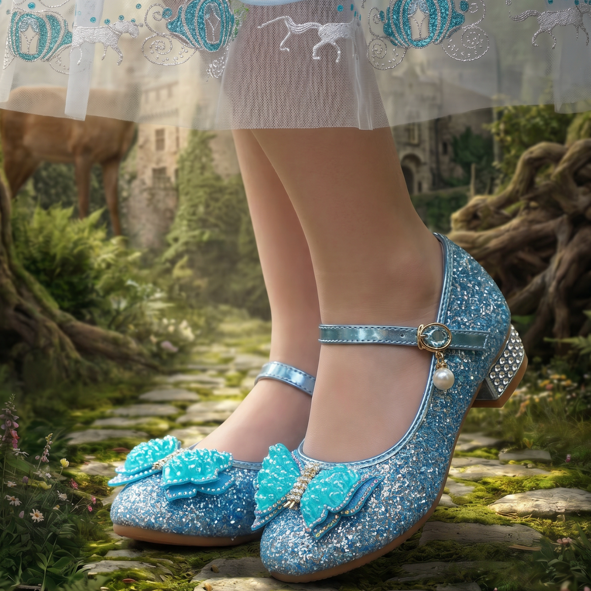 dress up disney princess shoes 3pc Premium Set - 1 Inch Heel Slip-On Sandal Heels with shoes measuring approximately 3.15 inches in length and 1.77 inches in heel height Nostalgic 90s Kids Shoes with