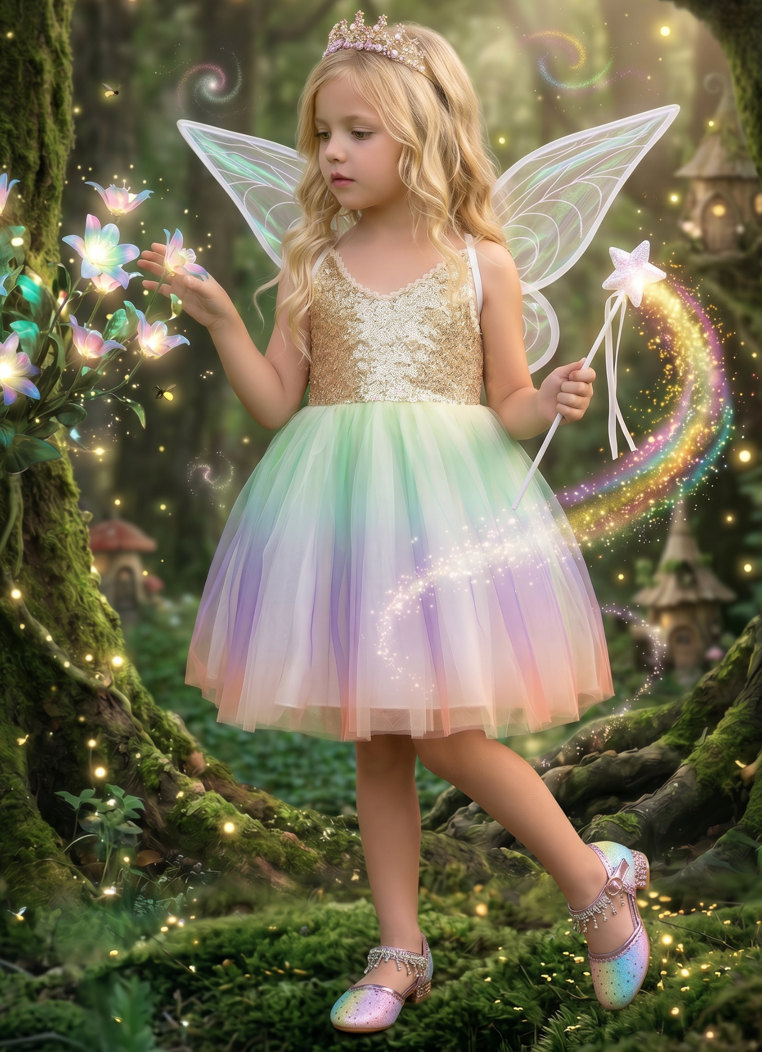 Toddler Girls Fairy Dress Costume, Wings and Wand 3PC, Set 3