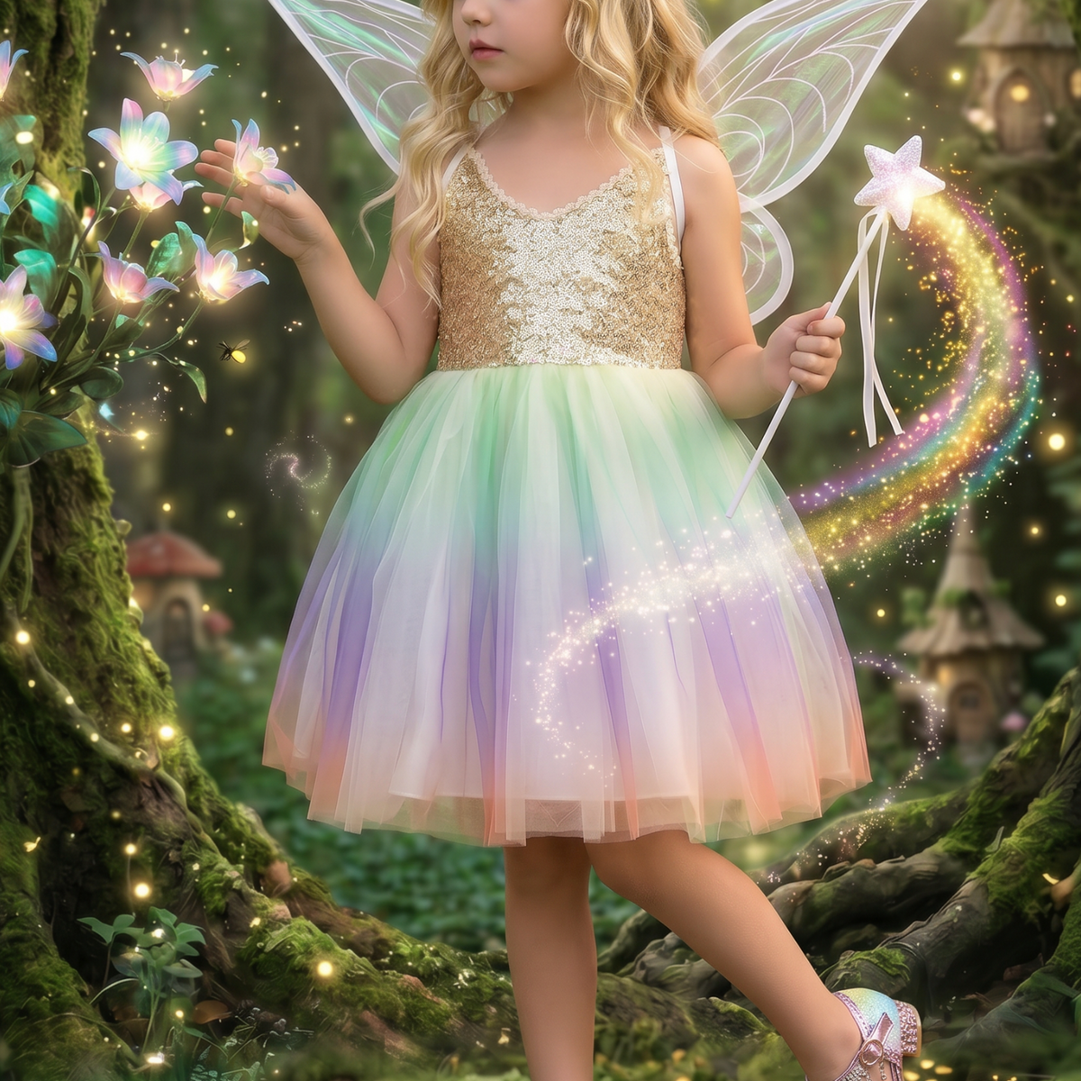 Toddler Girls Fairy Dress Costume, Wings and Wand 3PC, Set 3