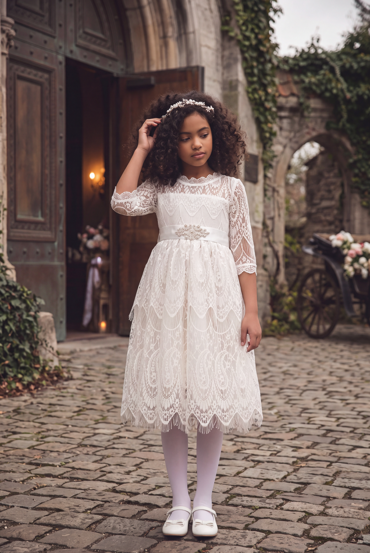 BELLA RAFAELA DRESS & BELT SET- ANTIQUE WHITE
