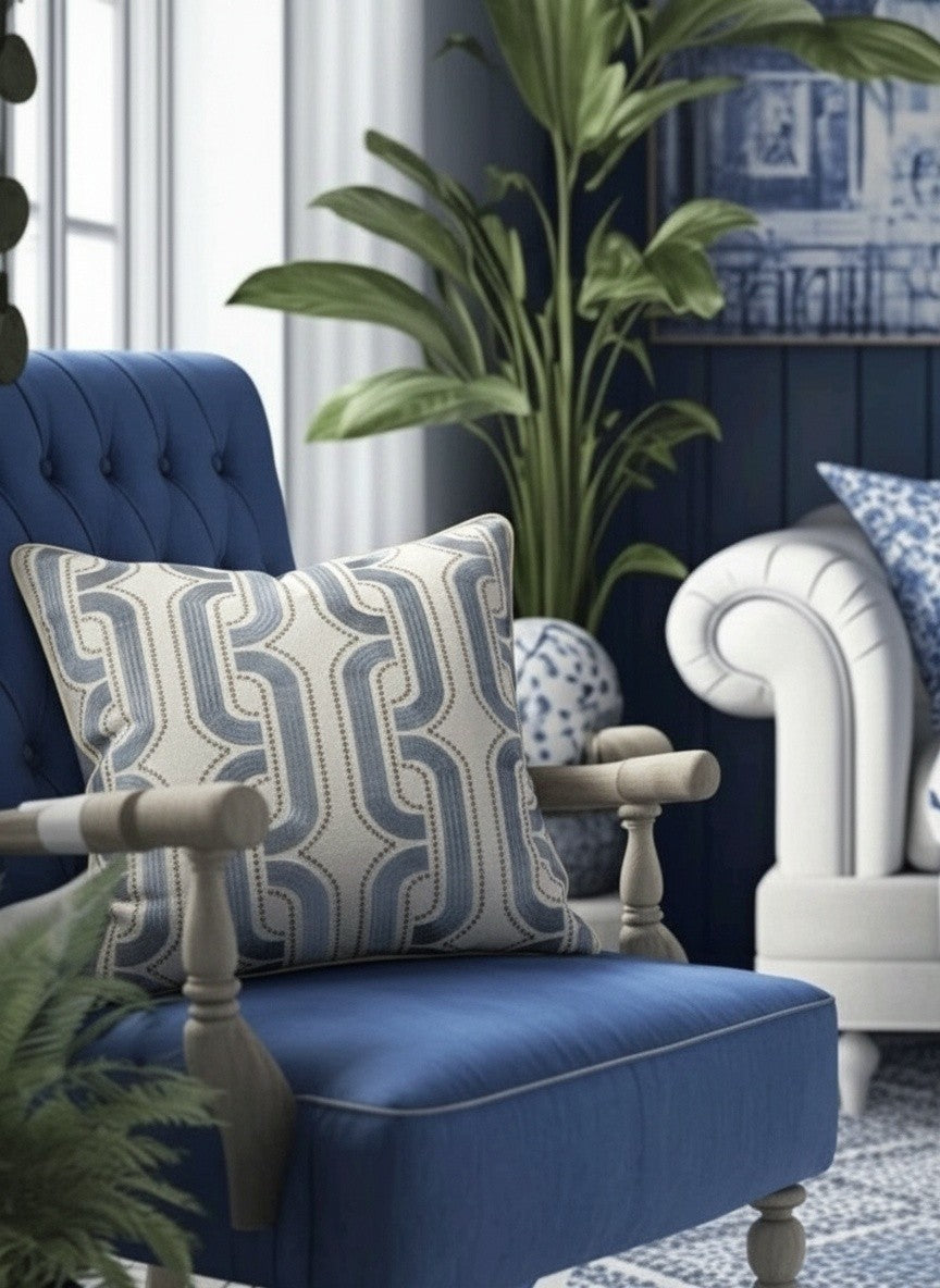 VERSAILLES EMBROIDERED PILLOW BLUE/IVORY GEOMETRIC