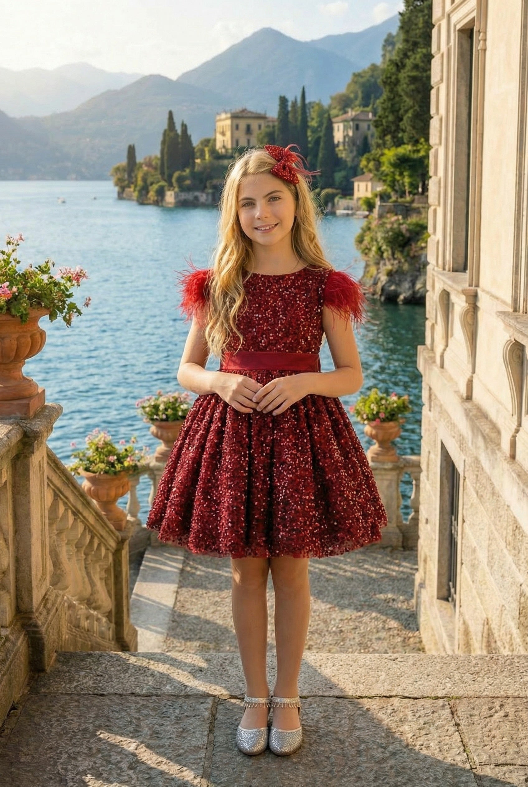 ELIANA DRESS & HAIR BOW SET CRIMSON