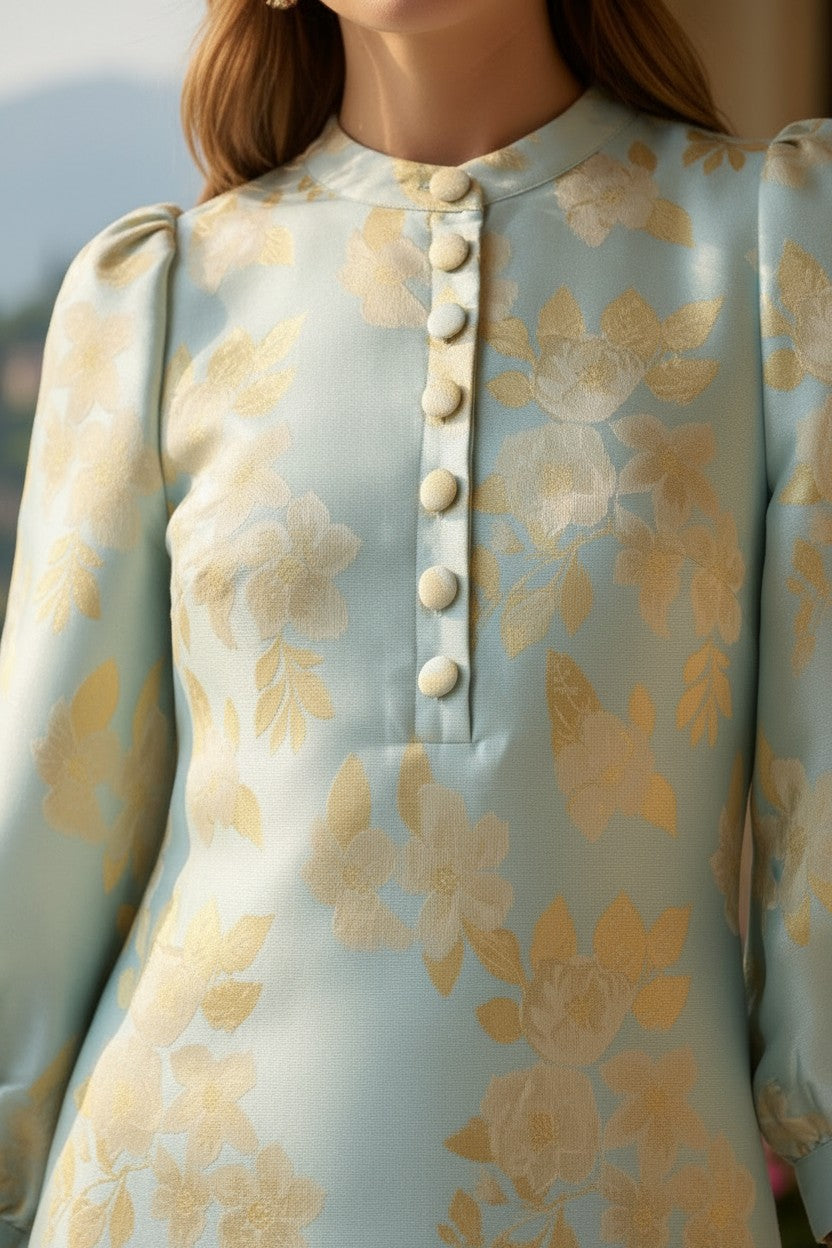 OLIVIE DRESS BLUE BROCADE