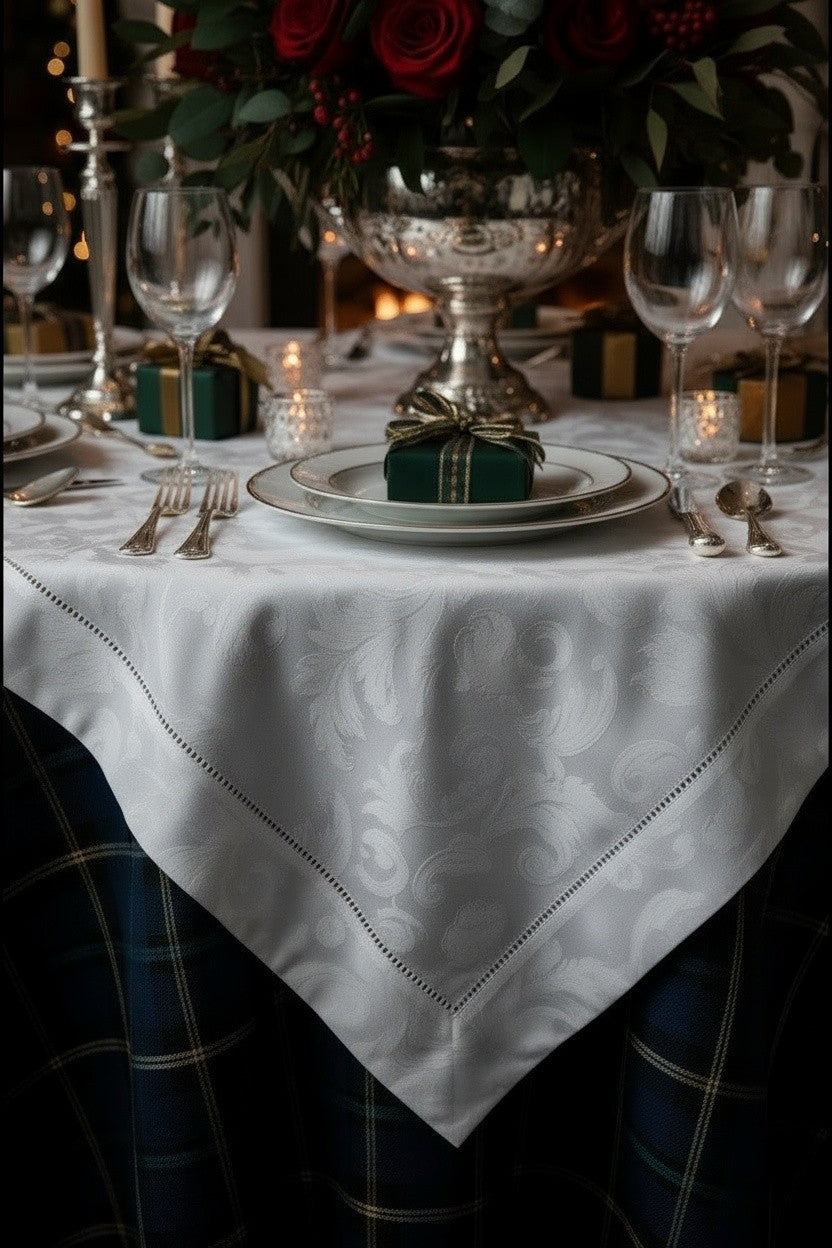 MILANO WHITE JACQUARD TABLE CLOTH 72" SQUARE