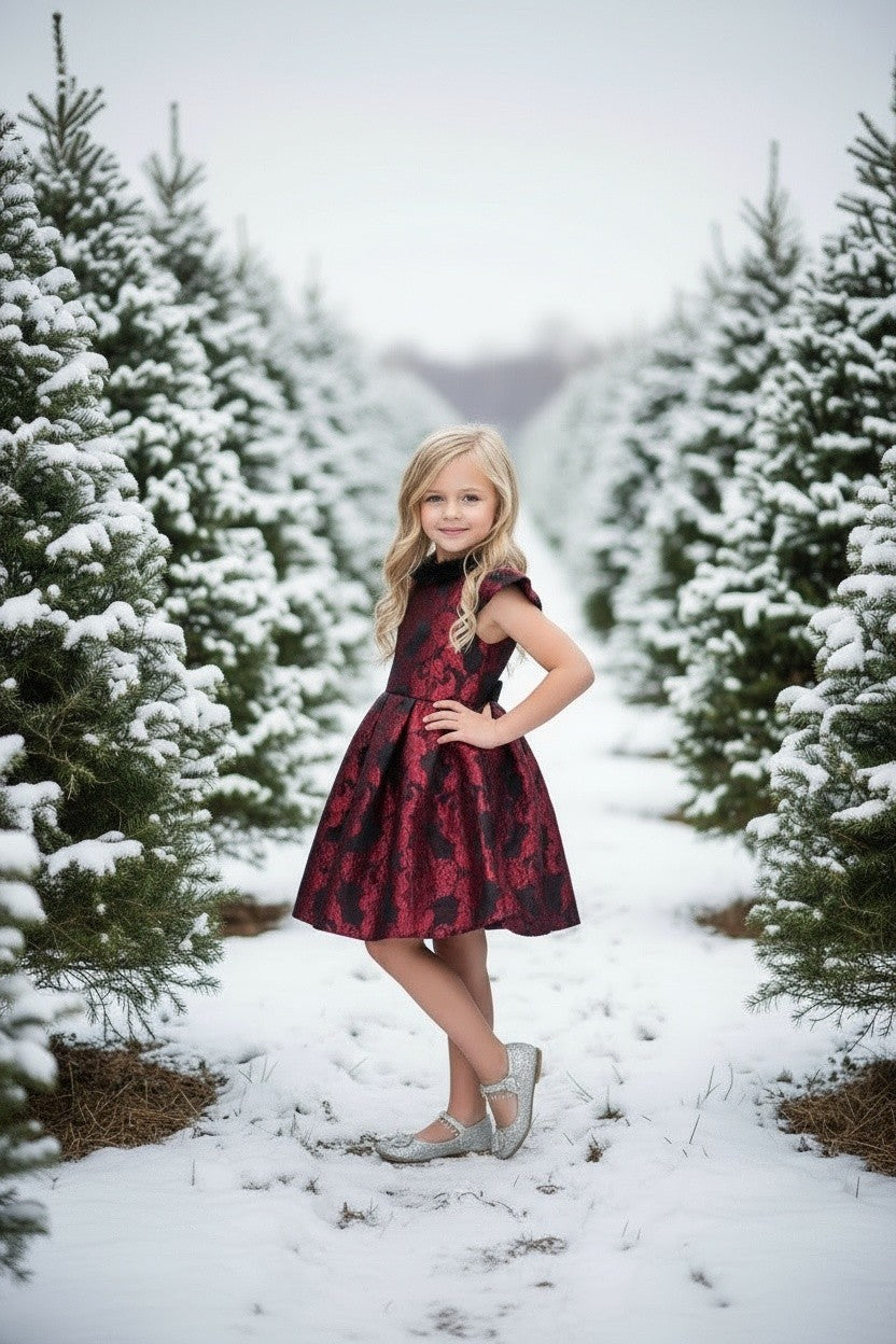 EVANGELINE DRESS CRIMSON JACQUARD