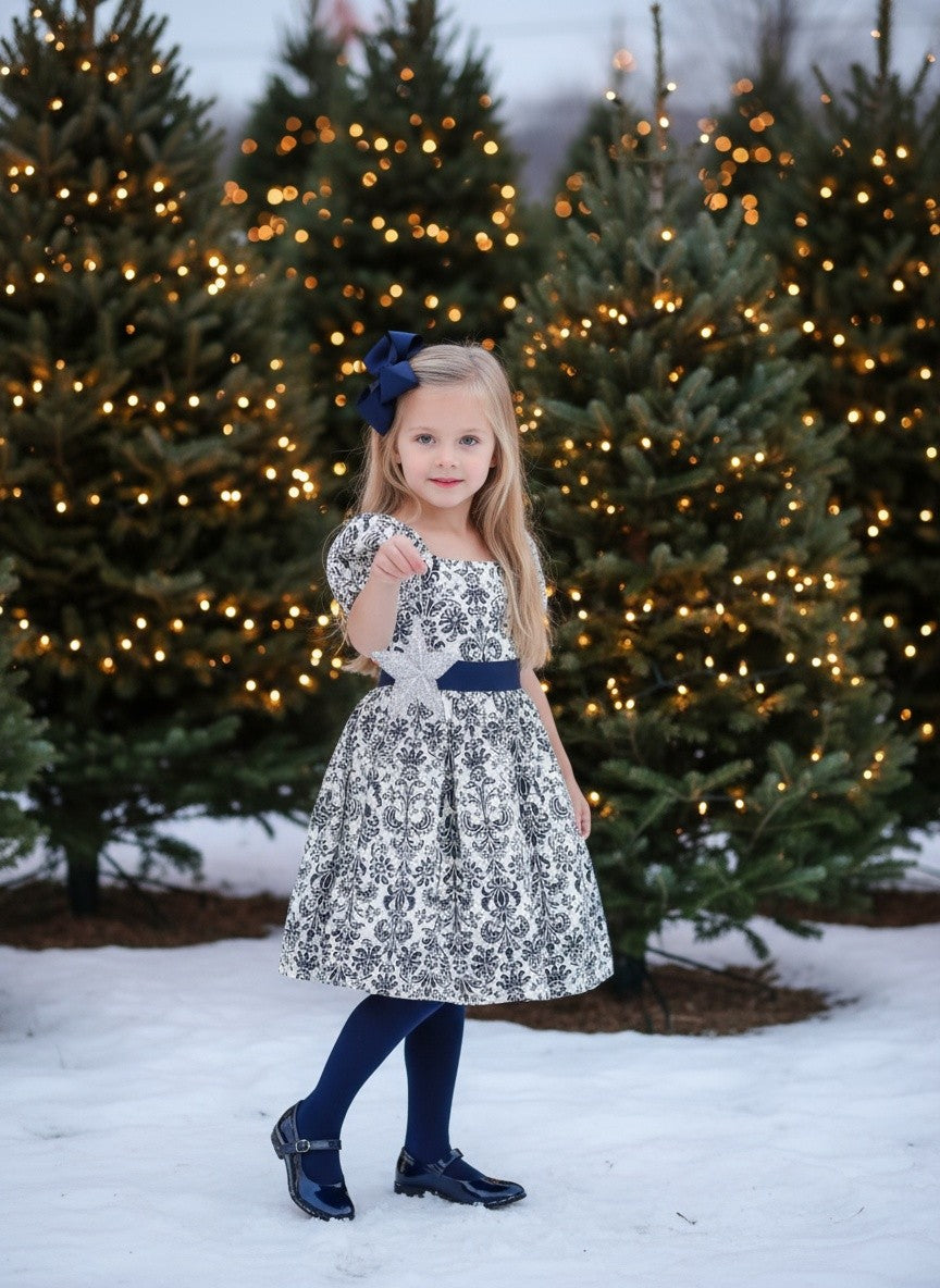 ARIELLE DRESS NAVY DAMASK