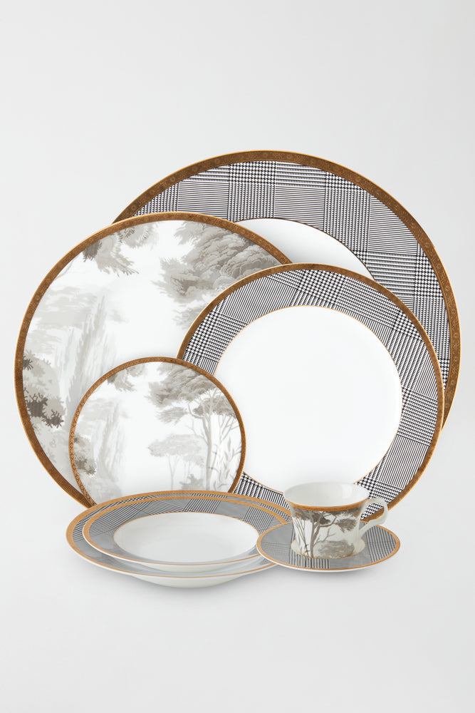 GRISAILLE & GLEN PLAID 5PC. BONE CHINA SET