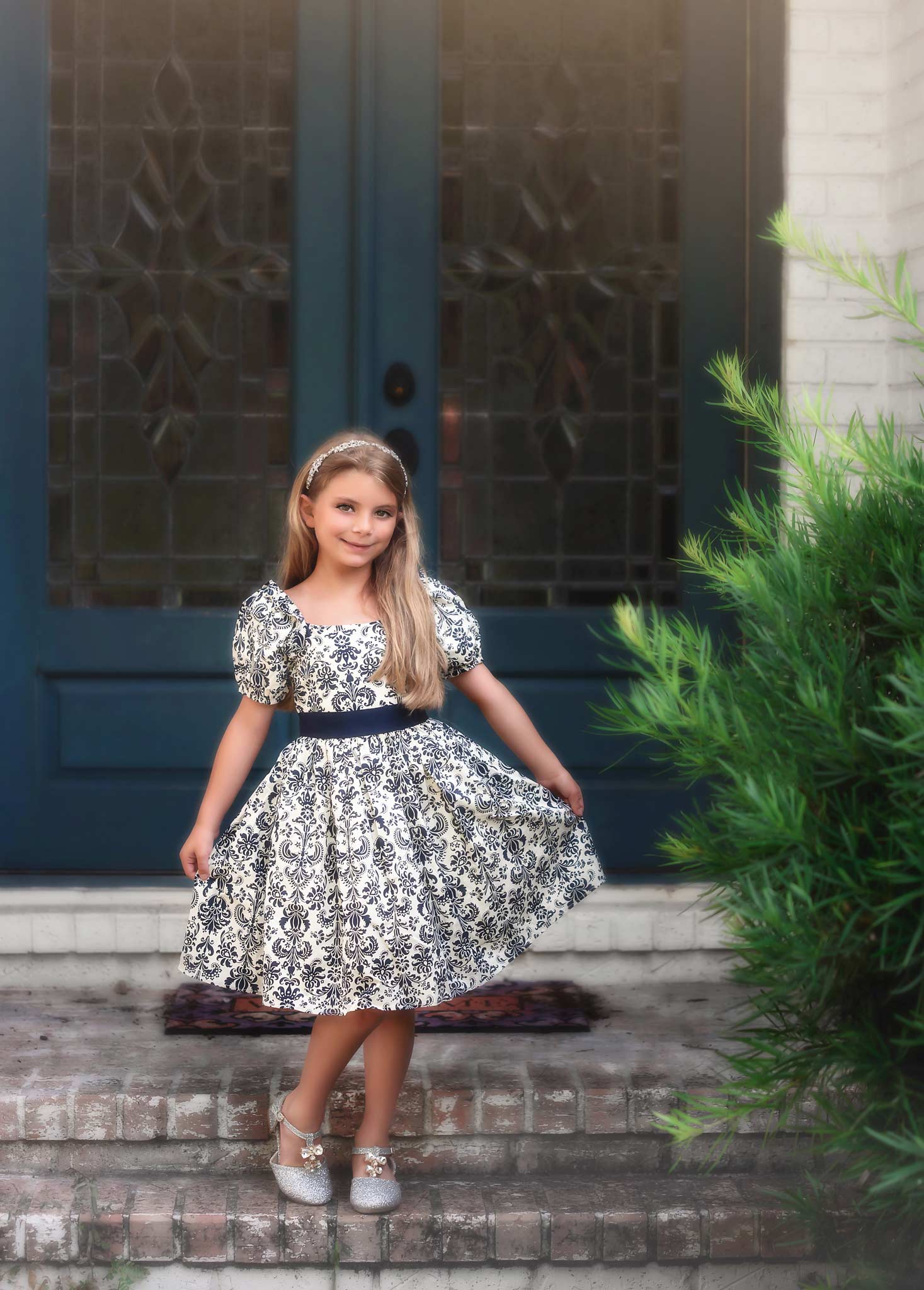 FALL DRESS SALE ARIELLE DRESS NAVY DAMASK